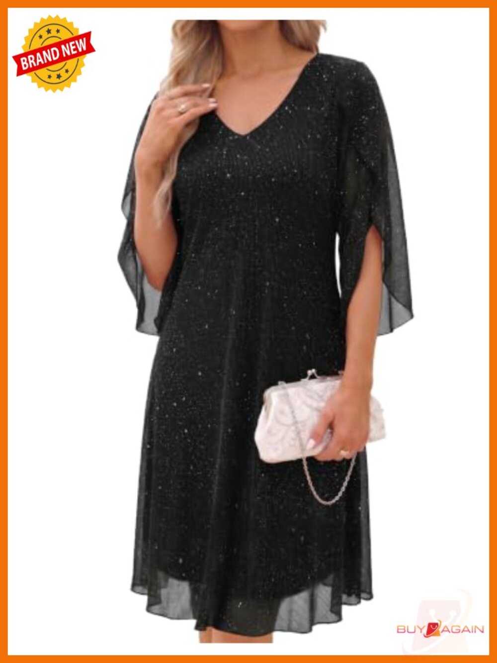 Womens Sequin Midi Cocktail Dress V-Neck Flutter Sleeve A-Line Formal